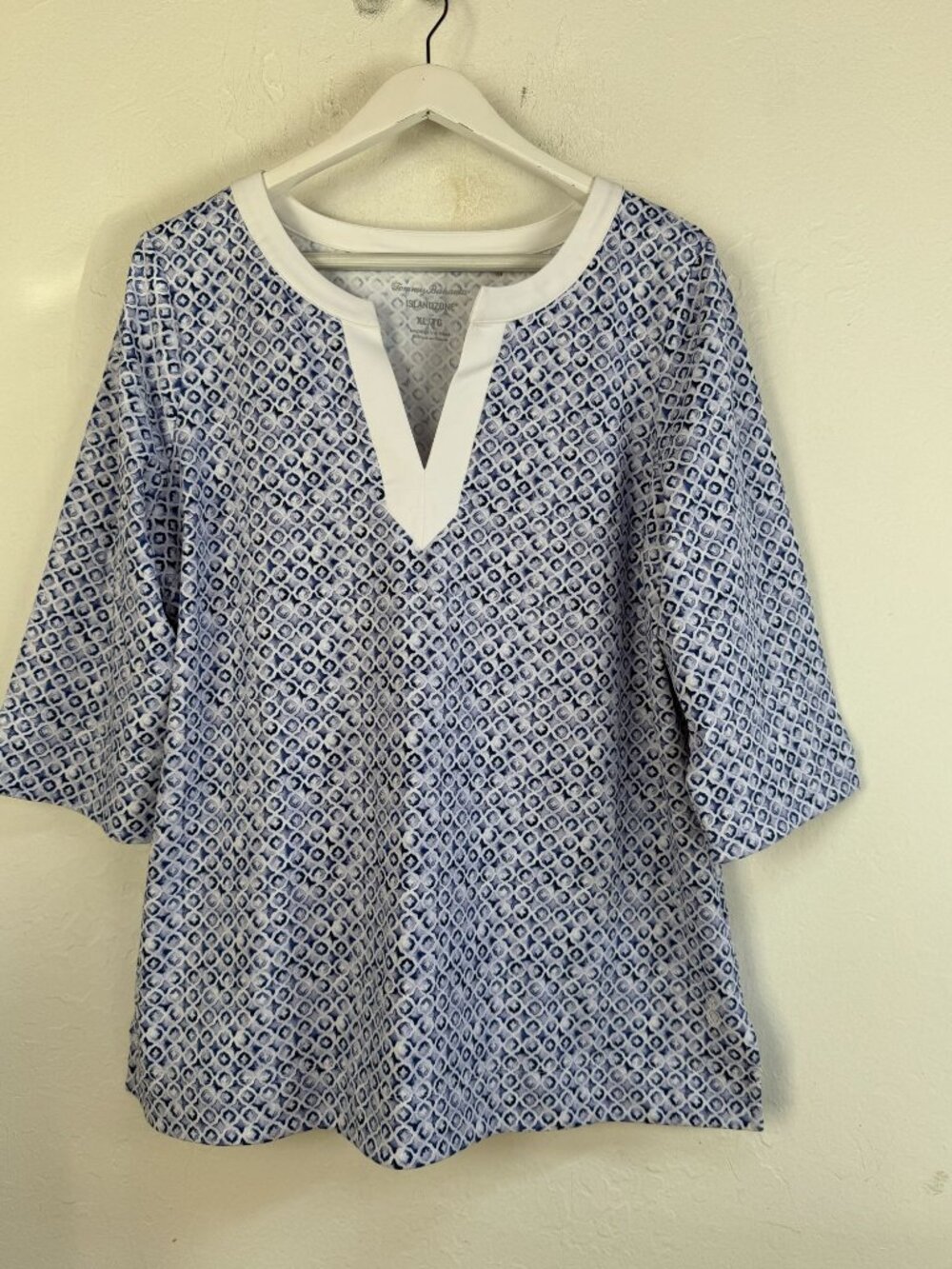 Tommy Bahama IslandZone Aubrey Tunic Top Blue White Geometric Tile 3/4 Sleeve XL